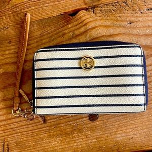 Navy and white striped Tory Burch wallet